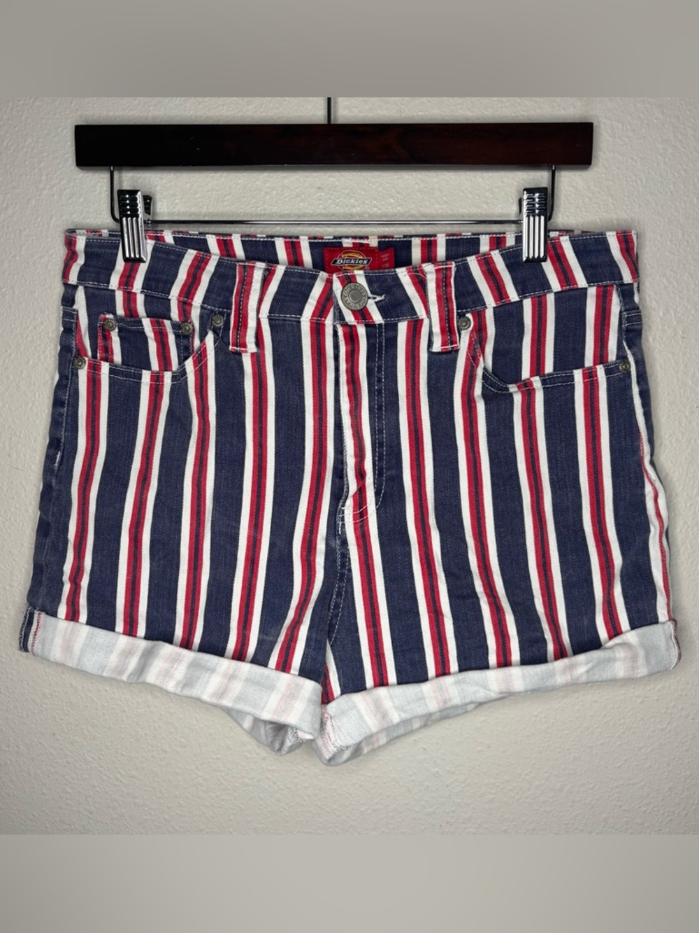 Dickies Red Blue Stripe Cuffed High Waist Denim Shorts Summer Size 30 - Picture 2 of 8